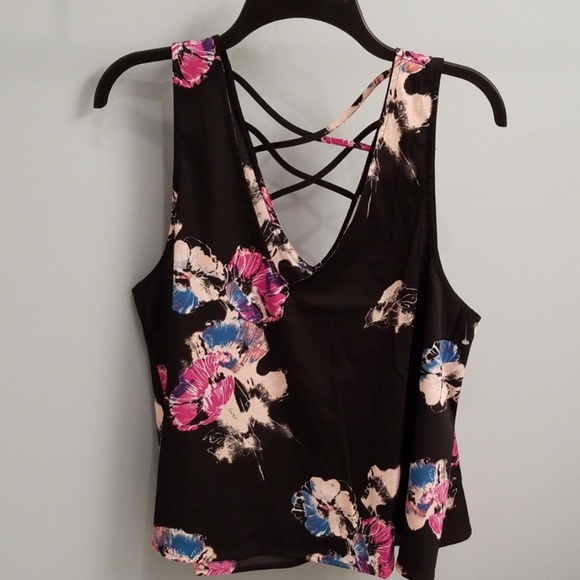 Abound Tops - Abound Black Floral Print V-neck Lace Up Back Tank